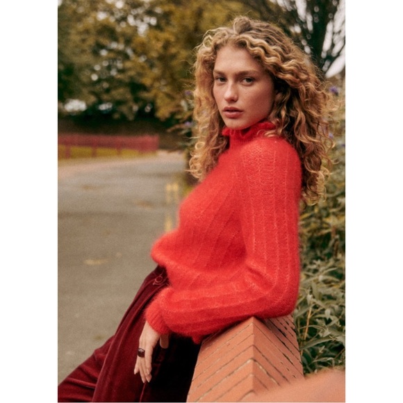 SEZANE Bright Red Mohair Merino Wool Knit Ruffle High Neck Sweater Loris Jumper - Picture 8 of 15